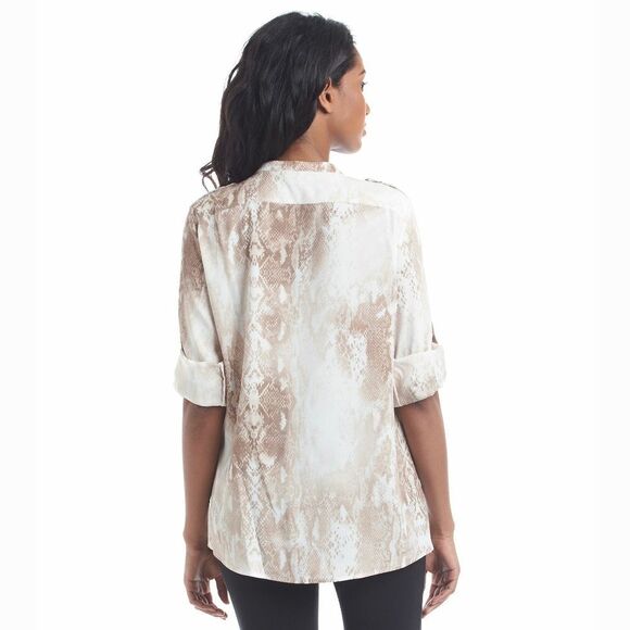 New! CALVIN KLEIN Python Print Button-Front Top Shirt Roll-tab Sleeve Work Top M - Picture 3 of 4